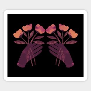 Brown hand with brown orange and pink flowers on black Sticker